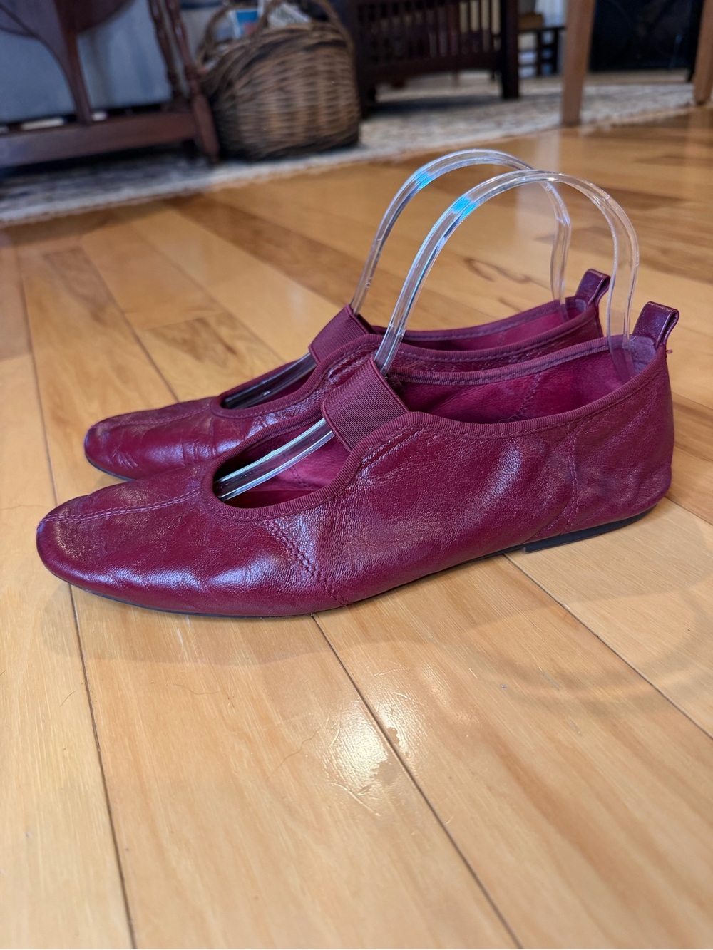 Zara Wine Red Leather Ballet Flats with Elastic Crossover Strap - Picture 2 of 11
